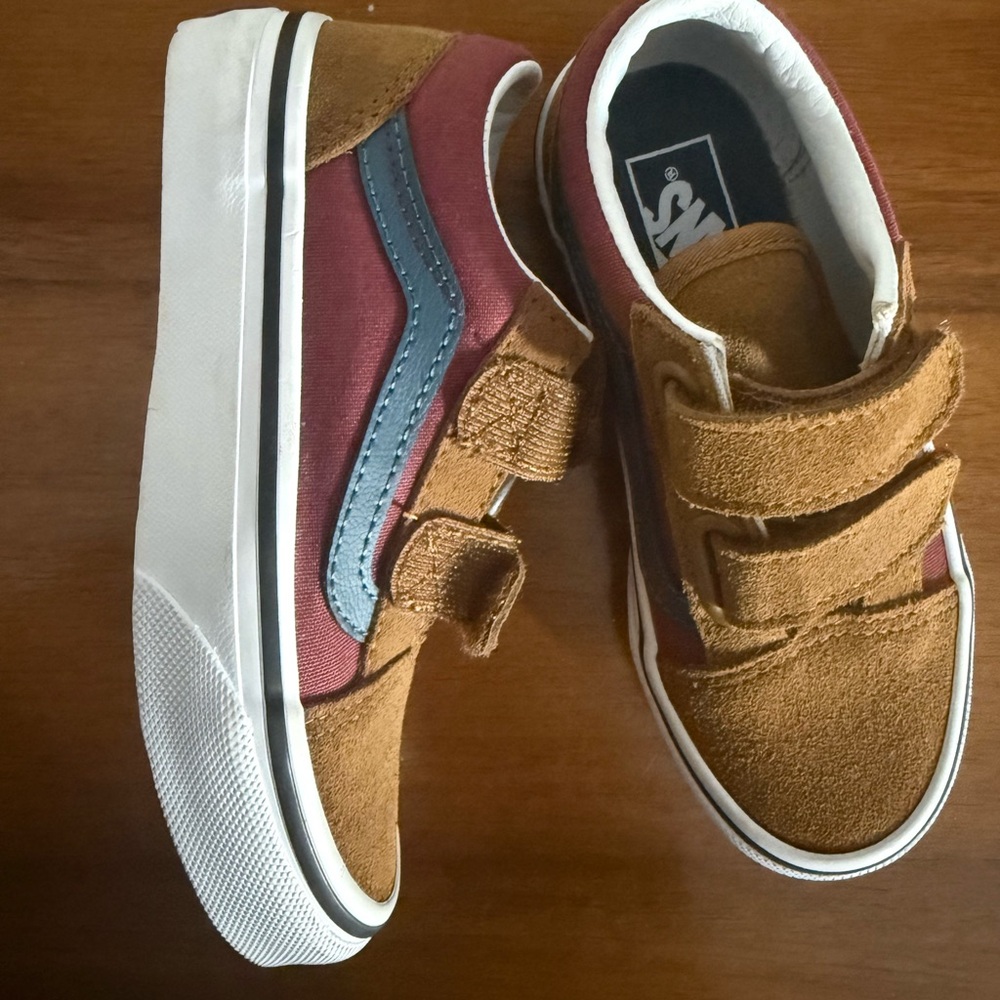 Vans Kids Maroon Canvas & Brown Suede Old Skool Velcro Sneakers with Blue Stripe